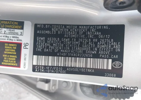 2012 Toyota Camry Le z USA, uszkodzony, nr VIN 4T4BF1FK8CR232656